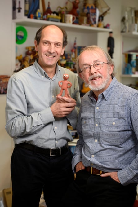 Peter Lord (right) and David Sproxton photographed with one of their earliest creations, Morph.