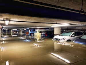 A flooded parking area in Southwest Hoboken, New Jersey