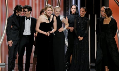 Greta Gerwig accepts the award for best film (musical or comedy) at the 2018 Golden Globes.