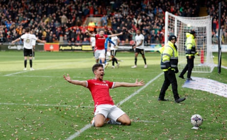 Jordan Davies celebrates scoring Wrexham’s third and winning goal in the 89th minute