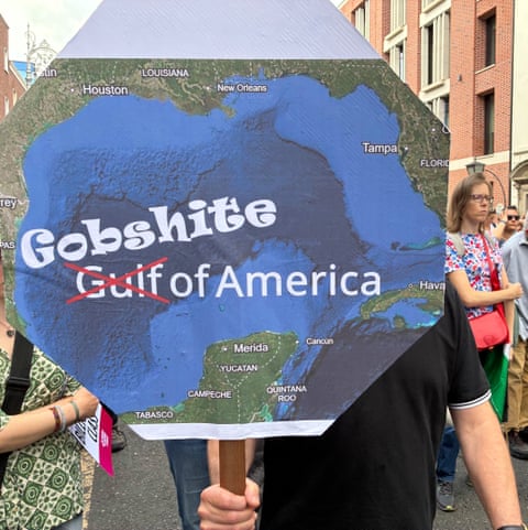 A protest banner at a rally against Donald Trump in Dublin mocks his renaming of the Gulf of Mexico.
