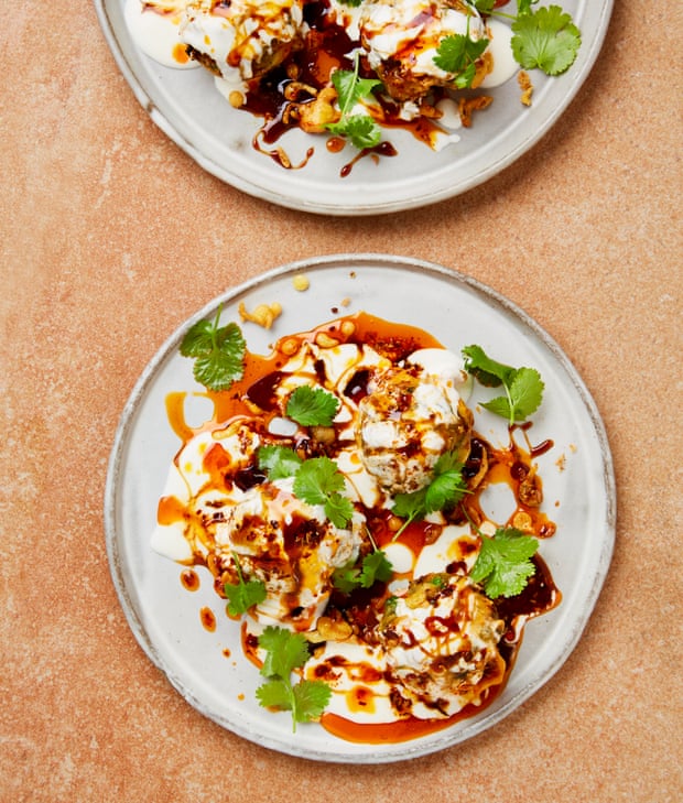 Yotam Ottolenghi’s potato and pea fritters with lemon yoghurt and spicy ghee.