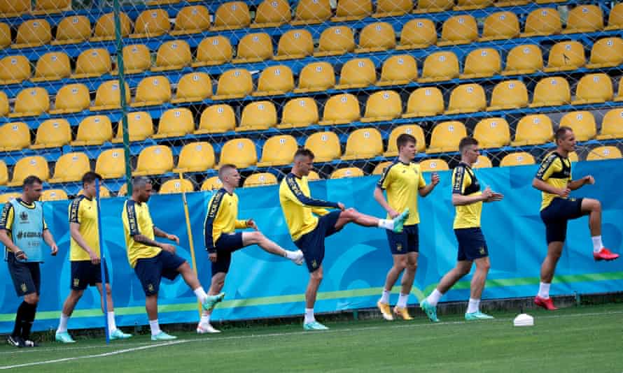 Ukraine players prepare for their first game of the tournament against the Netherlands at their training base in Voluntari, near Bucharest, Romania