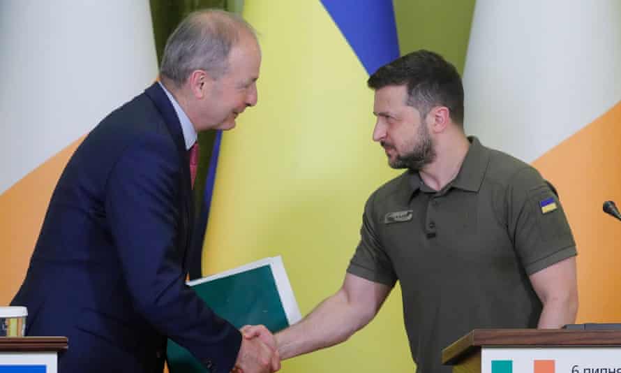 Irish Taoiseach Micheal Martin and Ukrainian President Volodymyr Zelenskiy at a joint press conference in Kyiv.