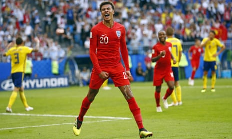 England’s Dele Alli celebrates after scoring his side’s second goal during the quarterfinal match between Sweden and England at the 2018 soccer World Cup in the Samara Arena, in Samara, Russia, Saturday, July 7, 2018.