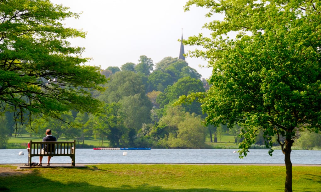 A man sitting on a park bench looking out over a lake in Wimbledon Park.