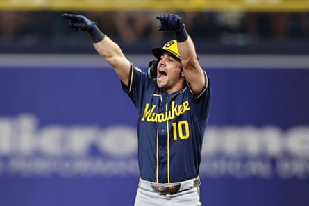 MilwaukeeâÂÂs Sal Frelick celebrates after hitting an RBI double during the fifth inning of Game 3 of the World Series against Tampa Bay on Monday night.