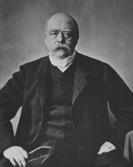 Black and white photo of Otto von Bismarck, a stern-looking statesman with a thick moustache and high-buttoned waistcoat.