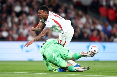 Czechia's keeper Lukas Horníček collides with England's Morgan Rogers.