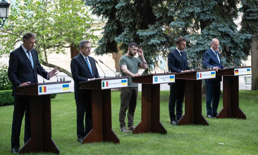 Romanian President Klaus Iohannis, Italian Prime Minister Mario Draghi, Ukrainian President Volodymyr Zelensky, Frances President Emmanuel Macron and German Chancellor Olaf Scholz are seen during a press conference on June 16, 2022 in Kyiv, Ukraine.