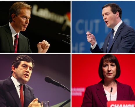 Clockwise from top Left: Tony Blair, George Osborne, Rachel Reeves, Gordon Brown