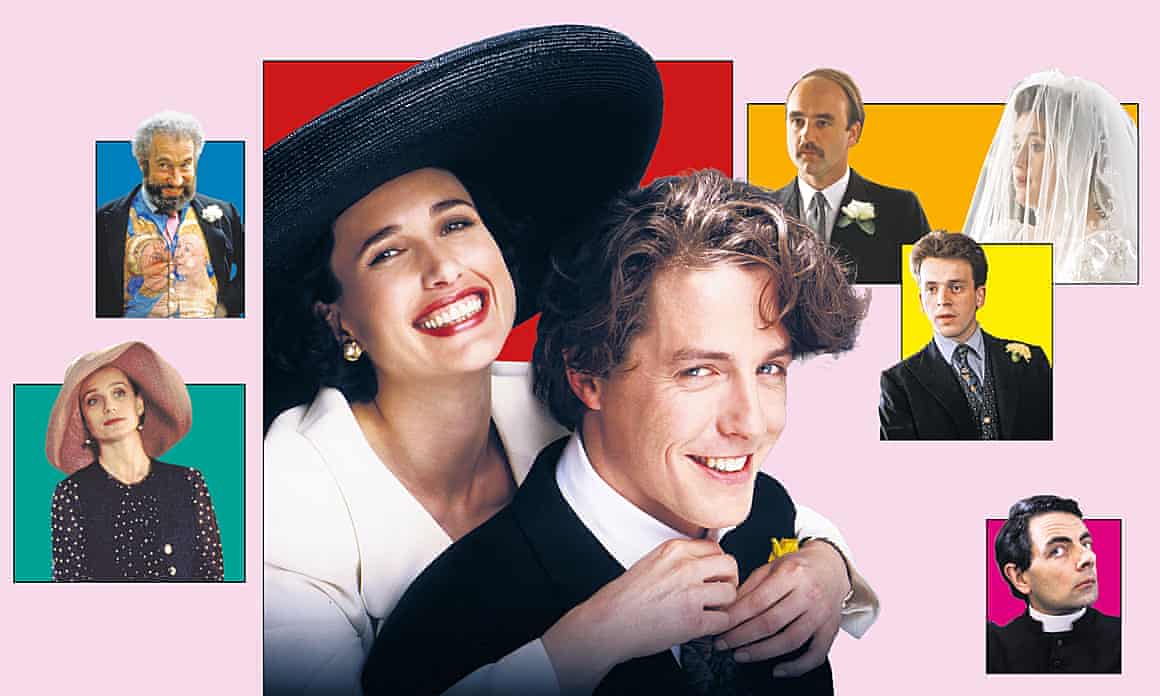 A composite of images from Four Weddings on a pink background