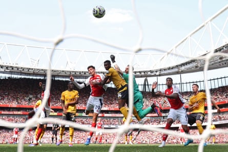 Arsenal’s Kai Havertz heads home the opening goal against Wolves at the Emirates Stadium