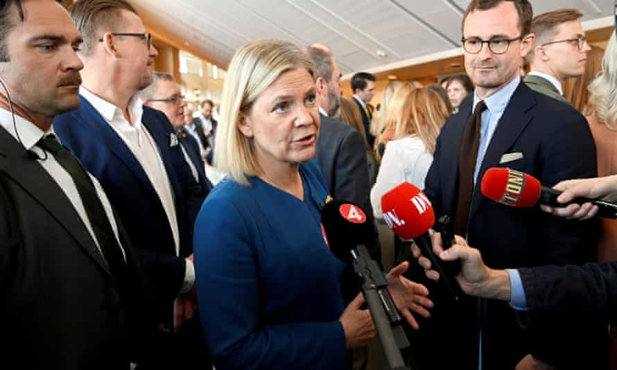 Russia warns Finland and Sweden joining Nato would be ‘grave mistake’ | Nato 1 The Swedish prime minister, Magdalena Andersson (centre), talks to the media before a parliamentary debate on Sweden’s application for Natio membership