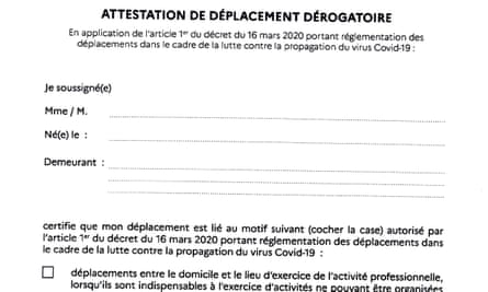 French legal document downloaded from the interior ministry’s website declaring on your honour that you are out of your home for one of the permitted reasons.