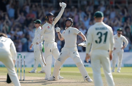 Ben Stokes and Jack Leach show their delight after winning the third Ashes Test at Headingley in 2019.