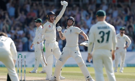 Ben Stokes (centre) and Jack Leach lift their arms in celebration after the former hit the winning runs at Headingley. 
