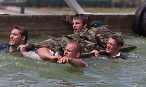England’s Jason Leonard, Richard Cockerill, Danny Grewcock and David Rees are given a workout at the Royal Marines’ commando training centre in 1999. 