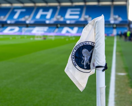 A general view of The Den stadium corner flag with the Millwall badge
