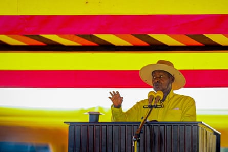 Museveni speaking on a podium