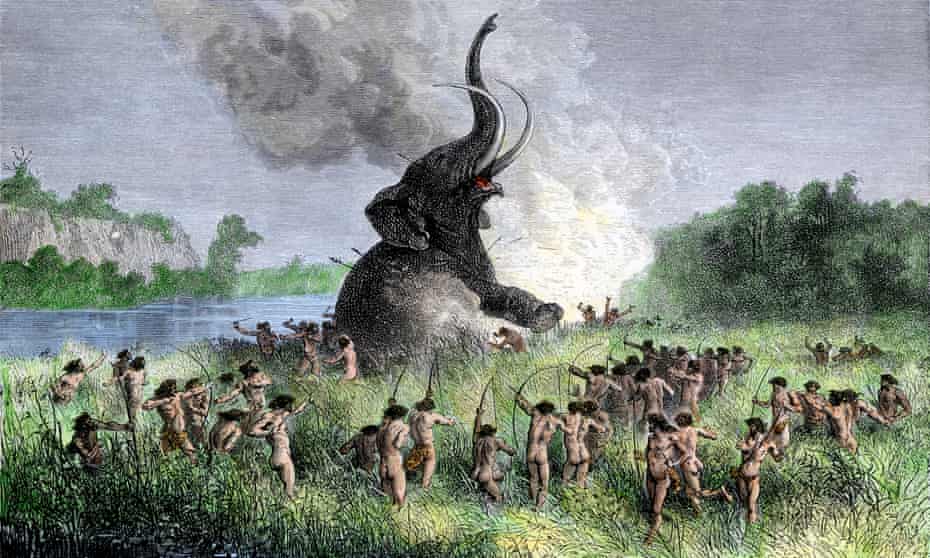 Prehistoric wooly mammoth hunters using bows and arrows