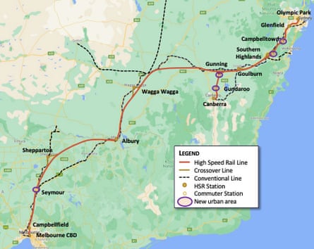 The proposed alignment for a new high speed rail line between Sydney and Melbourne from Fast Track Australia’s report.