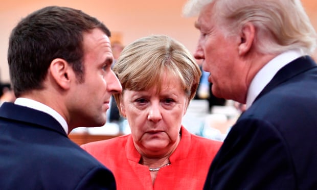 Emmanuel Macron, Angela Merkel and Donald Trump at last year’s G20 meeting.