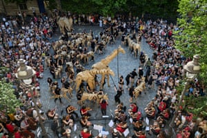 a crowd looks at animal puppets