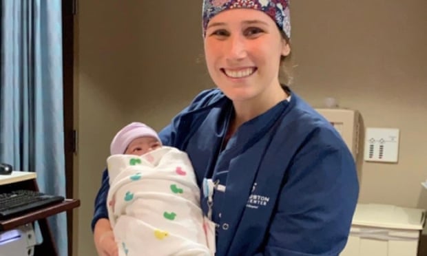 Adeline Fagan with the first baby she delivered as a medical resident in July 2019. Maureen, Adeline’s sister, said she faced a particular challenge with PPE.