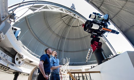 Astronomers Tom Kerss and Brendan Owens with the newly installed Annie Maunder astrographic telescope.