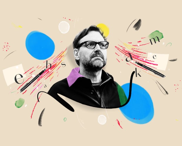 An illustration of alphabet letters and two pieces of paper around a cutout photograph of Tim Dowling, with a background of different coloured circles and pen strokes
