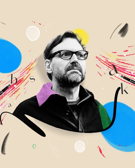 An illustration of alphabet letters and two pieces of paper around a cutout photograph of Tim Dowling, with a background of different coloured circles and pen strokes