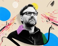 An illustration of alphabet letters and two pieces of paper around a cutout photograph of Tim Dowling, with a background of different coloured circles and pen strokes