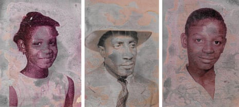A trio of black-and-white portraits show three people. At center, is a man in a hat. A young boy and young girl are on either side.