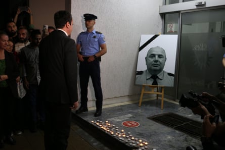Kosovo’s prime minister Albin Kurti pays respect to the police officer who was killed by armed gunmen.