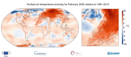 Surface air temperature anomaly for February 2020 relative to the February average for the period 1981-2010. Data source: ERA5
