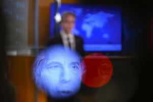 The secretary of state, Antony Blinken, speaks to reporters during a press briefing at the state department. He appears blurred with a photographic effect leaving a superimposed image of his face in the foreground