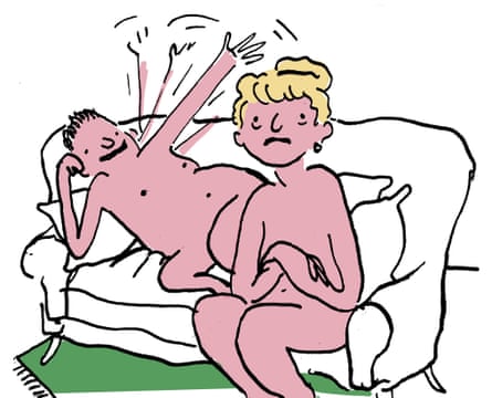 Illustration of a naked couple on a sofa, he waves frantically, she looks tired and reluctant