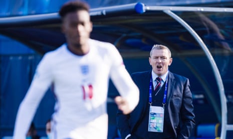 Aidy Boothroyd shouts instructions his England Under-21 players during last month’s European championship.