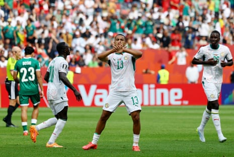 Senegal's Iliman Ndiaye celebrates scoring their fifth goal.