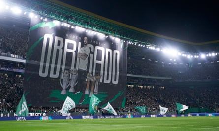 Sporting fans unveil a huge banner thanking Amorim before their 4-1 win over Manchester City this month.