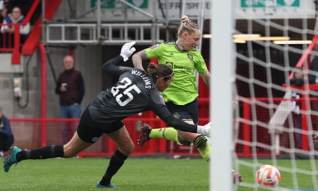 Leah Galton scores her, and Manchester United’s second goal during the FA Women's Super League match between Brighton & Hove Albion and Manchester United.
