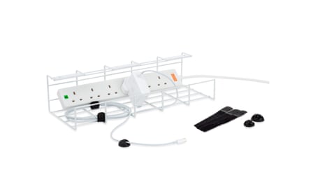 A white metal cage under-desk cable organiser