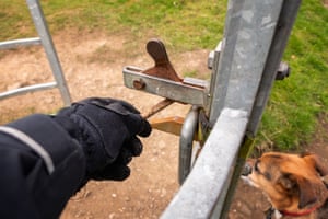 Is this the new normal? A walker uses a stick to open a gate in Wharfedale, West Yorkshire.