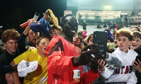 Gout Gout poses for a selfie after coming second in the men’s 200m at the Maurie Plant Meet in Melbourne.