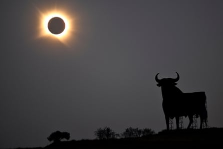 The Sun’s corona glows as the Moon completely blocks the Sun during the totality phase of the total solar eclipse as seen from San Asensio, La Rioja region