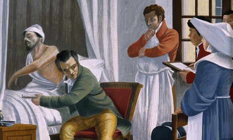 Bright Gouache painting: to the left a patient in a curtained bed has his robe pulled away exposing his torso; Laennec, sitting on a chair, has his ear to the patient's side, he is holding his stethoscope (a simple tube) in his left hand.  Other figures, including what looks like a nun, and a student taking notes stand to the right.