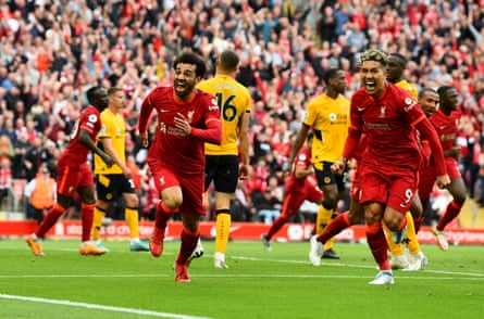 Mohamed Salah celebrates putting Liverpool 2-1 up against Wolves on the last day of the 2022-23 season