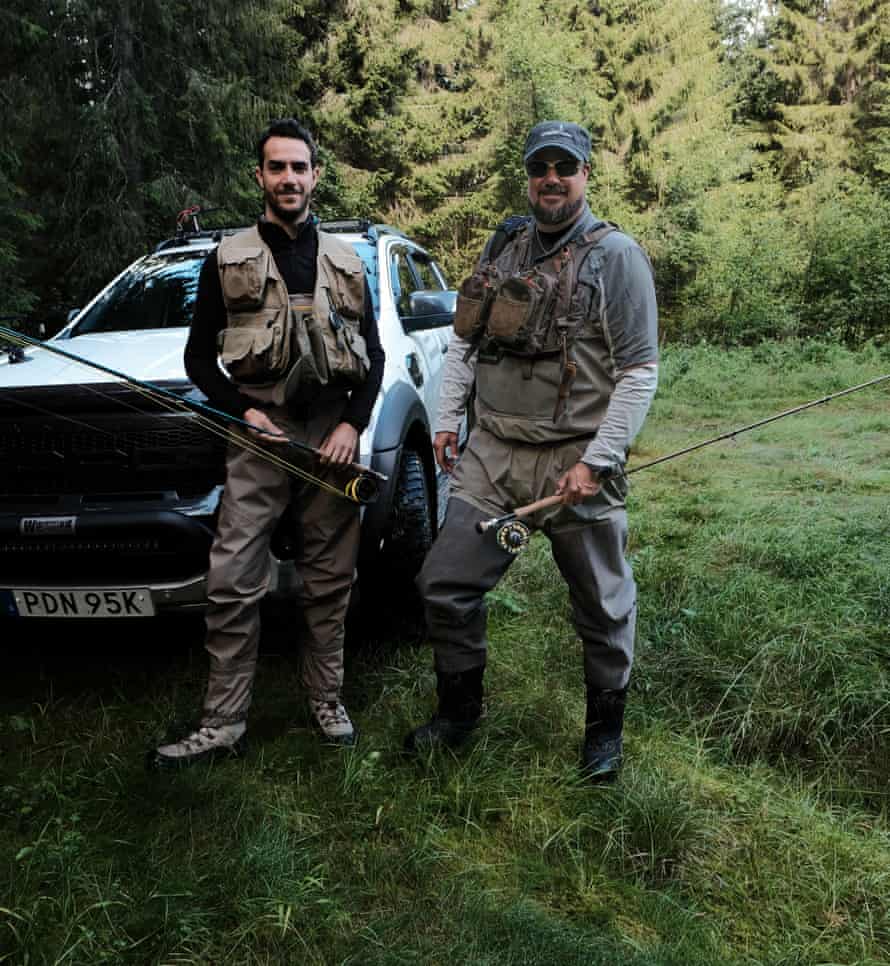 Sweden: Micke Nyberg, fishing guide, at right. With him is Giulio Marchesi, an architect from Milah, Italy who has been coming here to fish with Micke for five years.