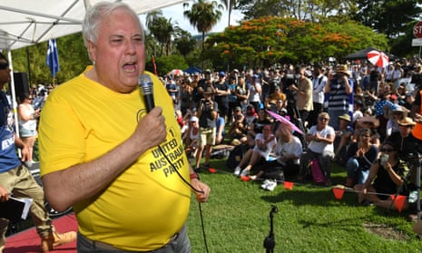 Clive Palmer addresses protesters opposing vaccine mandates and lockdowns in Brisbane last month